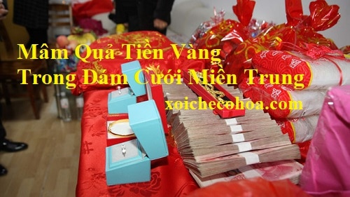 Hình ảnh mâm quả tiền vàng trong bộ mâm quả cưới miền Trung gồm những gì